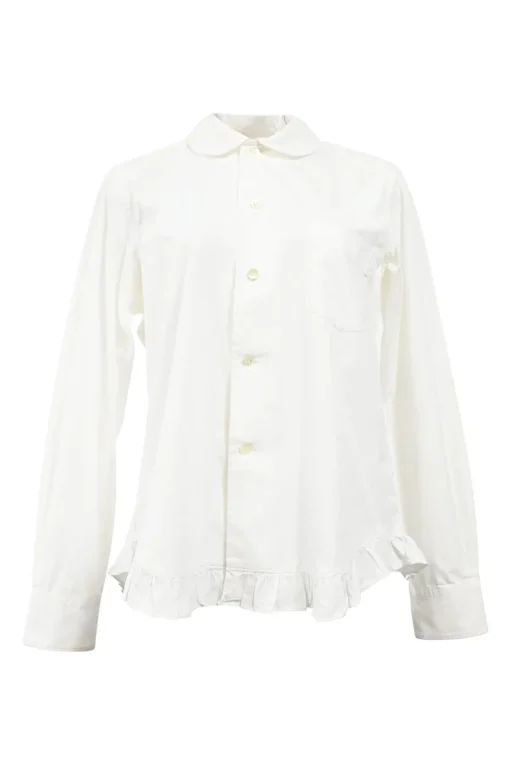 White cotton poplin Peter Pan collar button-up shirt with ruffled hem