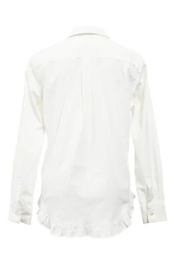White cotton poplin Peter Pan collar button-up shirt with ruffled hem