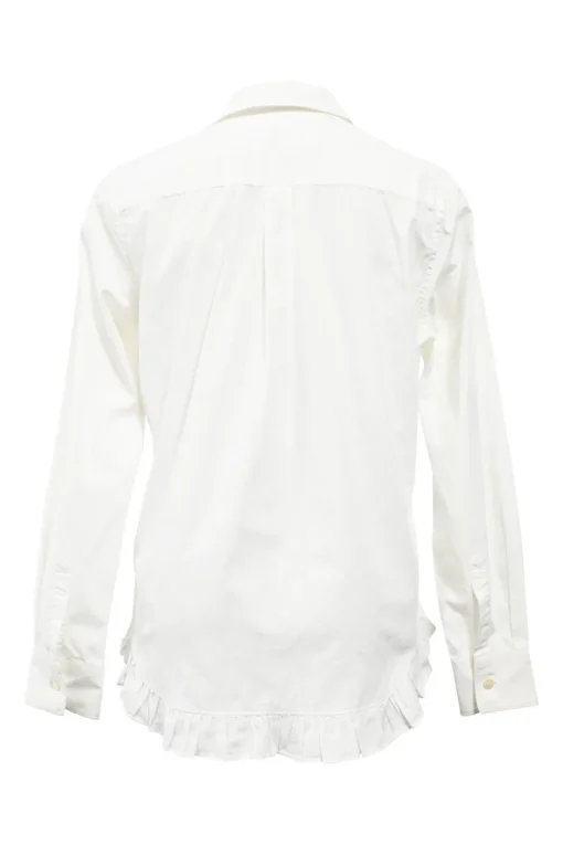 White cotton poplin Peter Pan collar button-up shirt with ruffled hem