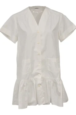 White cotton poplin plunge neck button-front drop-waist ruffle shift dress with kimono-style cap sleeves