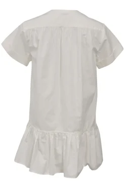 White cotton poplin plunge neck button-front drop-waist ruffle shift dress with kimono-style cap sleeves