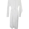 White cotton poplin point collar belted shirt dress with adjustable pull tab belt