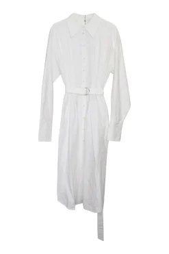 White cotton poplin point collar belted shirt dress with adjustable pull tab belt