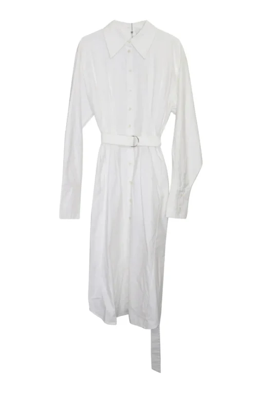 White cotton poplin point collar belted shirt dress with adjustable pull tab belt