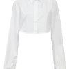 White cotton poplin point collar button-front cropped shirt