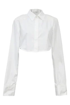 White cotton poplin point collar button-front cropped shirt