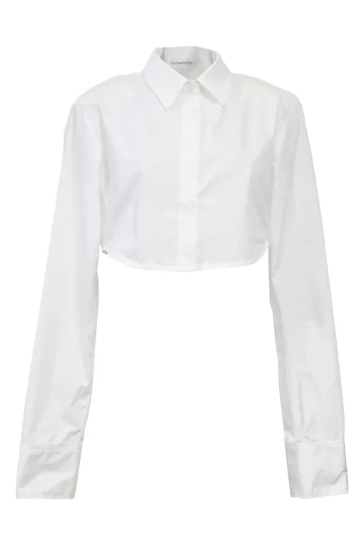White cotton poplin point collar button-front cropped shirt