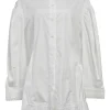 White cotton poplin point collar button-front shirt featuring tonal scalloped broderie trim inserts