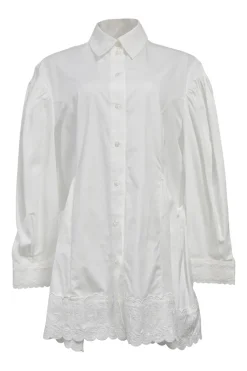 White cotton poplin point collar button-front shirt featuring tonal scalloped broderie trim inserts