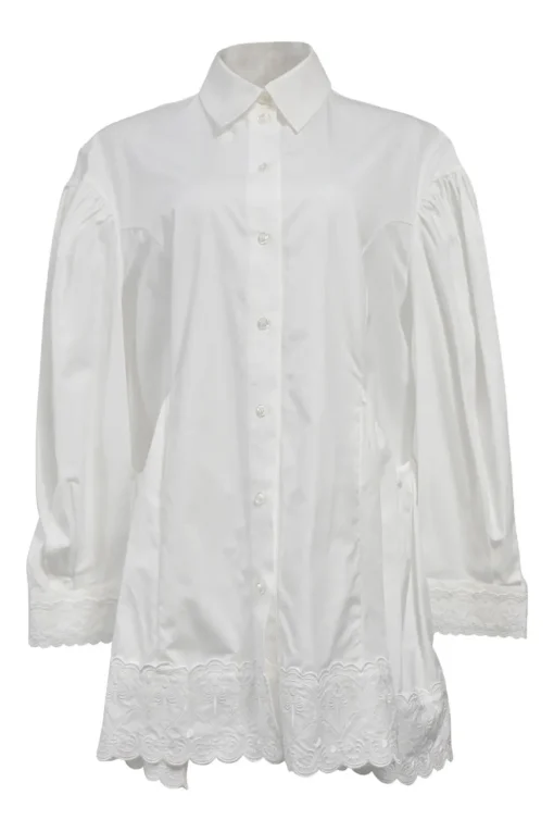 White cotton poplin point collar button-front shirt featuring tonal scalloped broderie trim inserts