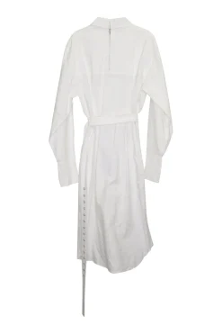 White cotton poplin point collar belted shirt dress with adjustable pull tab belt
