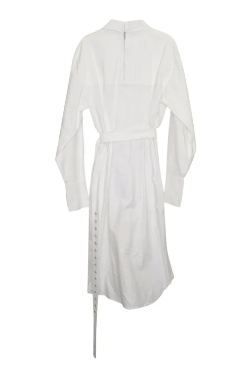 White cotton poplin point collar belted shirt dress with adjustable pull tab belt