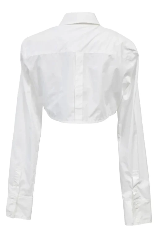 White cotton poplin point collar button-front cropped shirt