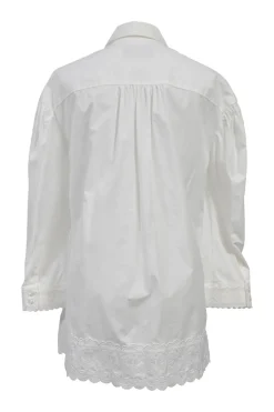 White cotton poplin point collar button-front shirt featuring tonal scalloped broderie trim inserts