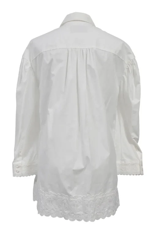White cotton poplin point collar button-front shirt featuring tonal scalloped broderie trim inserts