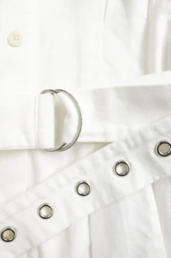 White cotton poplin point collar belted shirt dress with adjustable pull tab belt
