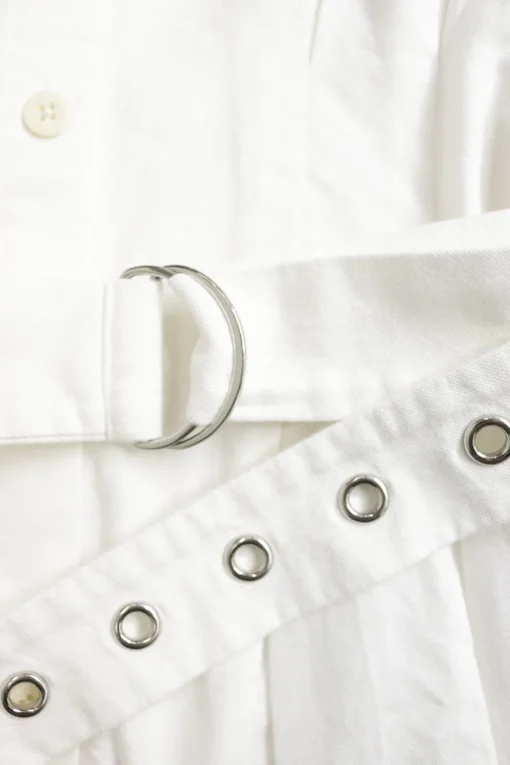 White cotton poplin point collar belted shirt dress with adjustable pull tab belt