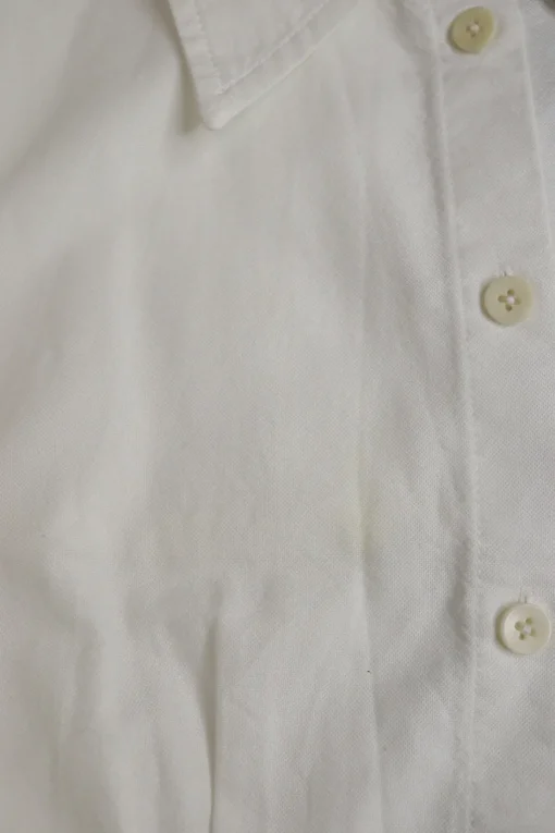 White cotton poplin point collar belted shirt dress with adjustable pull tab belt