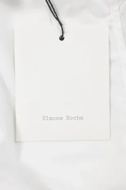 White cotton poplin point collar button-front shirt featuring tonal scalloped broderie trim inserts
