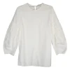 White cotton poplin pullover puff sleeve blouse with gathered panels