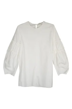 White cotton poplin pullover puff sleeve blouse with gathered panels