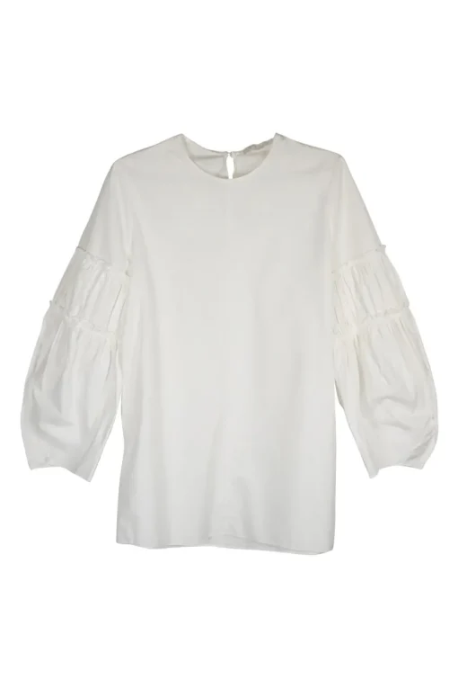 White cotton poplin pullover puff sleeve blouse with gathered panels