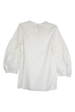 White cotton poplin pullover puff sleeve blouse with gathered panels
