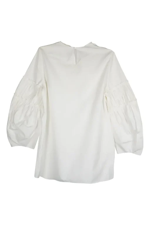 White cotton poplin pullover puff sleeve blouse with gathered panels