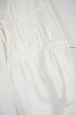 White cotton poplin pullover puff sleeve blouse with gathered panels