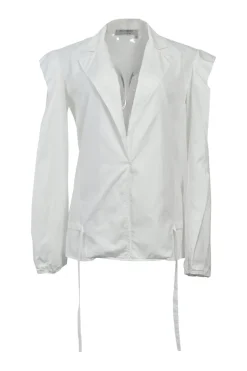 White cotton poplin single breasted notch lapel plunge neck blouse with flutter sleeve appliqué