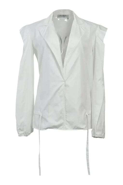White cotton poplin single breasted notch lapel plunge neck blouse with flutter sleeve appliqué