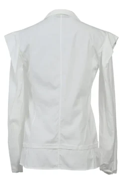 White cotton poplin single breasted notch lapel plunge neck blouse with flutter sleeve appliqué