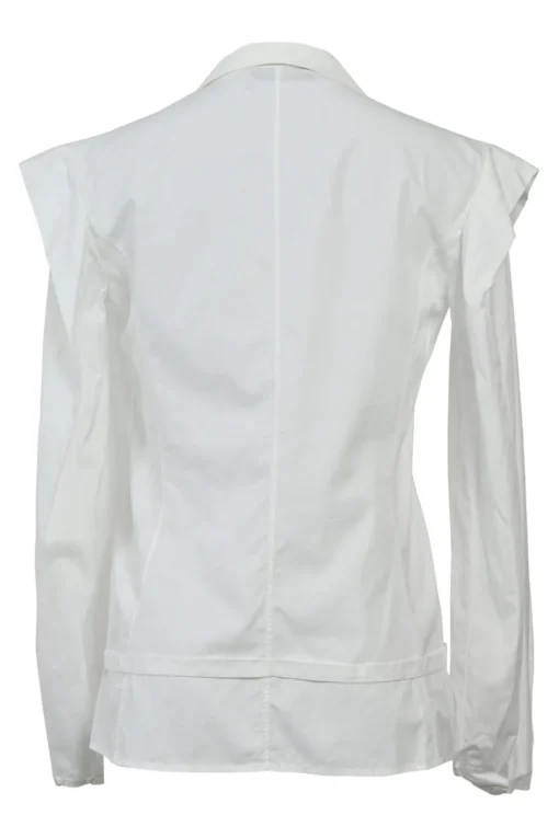 White cotton poplin single breasted notch lapel plunge neck blouse with flutter sleeve appliqué