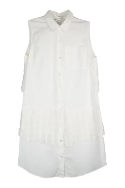 White cotton poplin sleeveless shirt dress with sheer check jacquard hip and back yoke overlays
