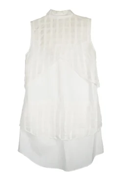 White cotton poplin sleeveless shirt dress with sheer check jacquard hip and back yoke overlays