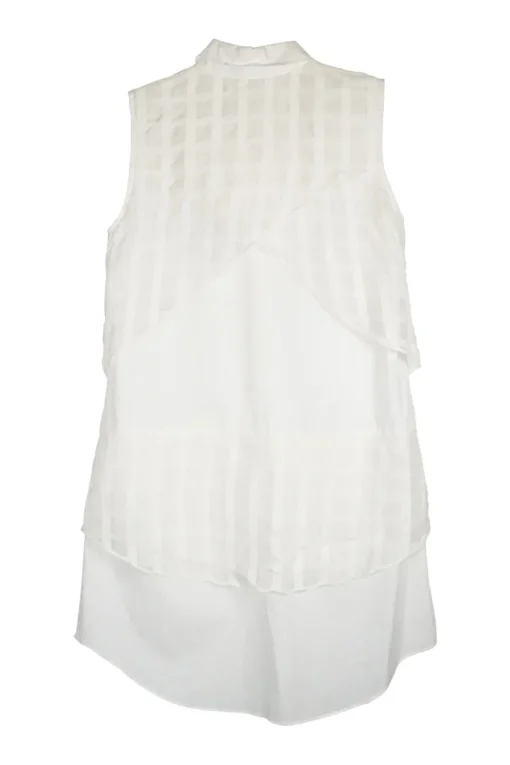 White cotton poplin sleeveless shirt dress with sheer check jacquard hip and back yoke overlays