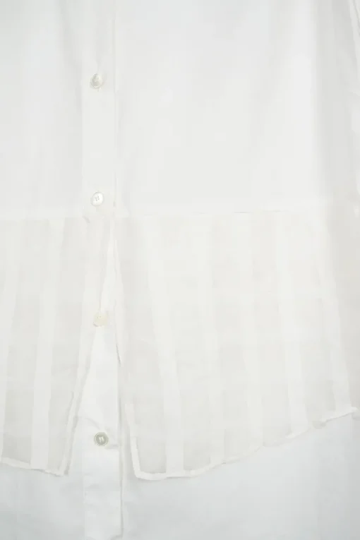White cotton poplin sleeveless shirt dress with sheer check jacquard hip and back yoke overlays