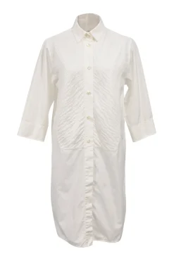 White cotton poplin spread collar button-front shirt dress with pintuck bib
