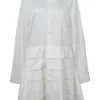 White cotton poplin spread collar button-front tiered shirt dress