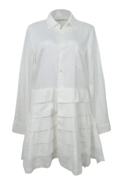 White cotton poplin spread collar button-front tiered shirt dress