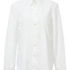 White cotton poplin spread collar button-up shirt