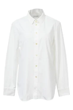 White cotton poplin spread collar button-up shirt