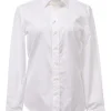 White cotton poplin spread collar button-front shirt