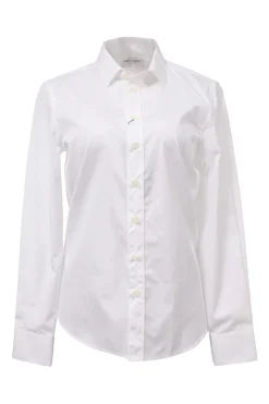 White cotton poplin spread collar button-front shirt