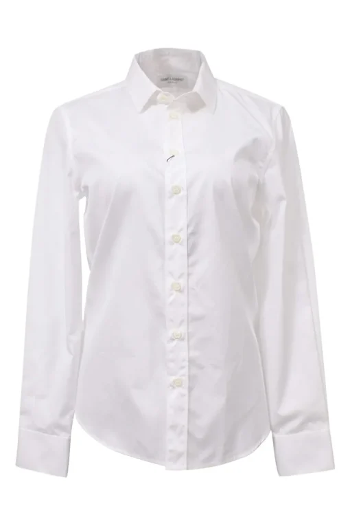 White cotton poplin spread collar button-front shirt