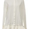 White cotton poplin spread collar button-front swing-style shirt with ruffled hem