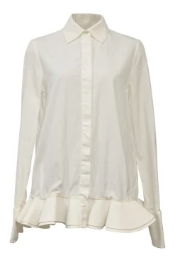 White cotton poplin spread collar button-front swing-style shirt with ruffled hem