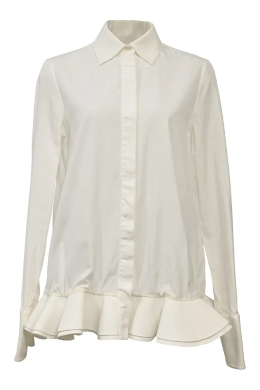 White cotton poplin spread collar button-front swing-style shirt with ruffled hem