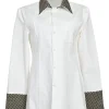 White cotton poplin spread collar button-front shirt with contrasting Dobby weave collar and cuffs