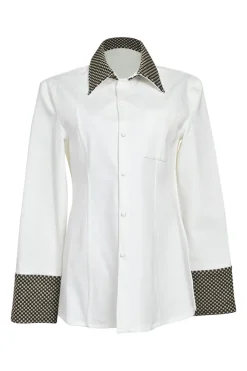 White cotton poplin spread collar button-front shirt with contrasting Dobby weave collar and cuffs